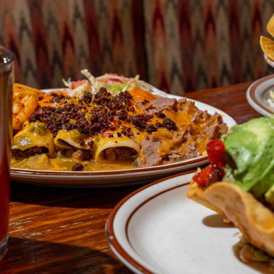 Angled view of served meals.