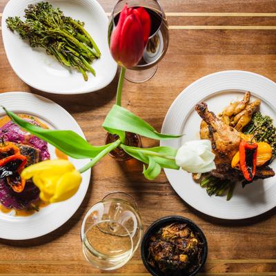 Various food and wine, top view