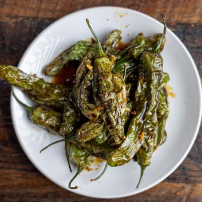 Serving of Fire Shishito Peppers, top view.