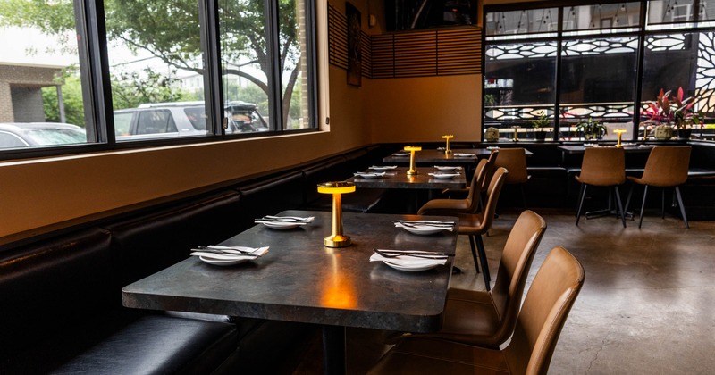 Interior, banquette seating along the windows