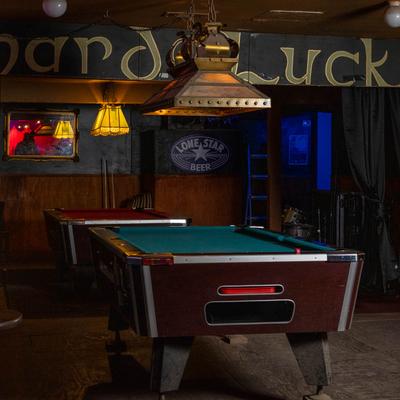 A pool table and decorations.