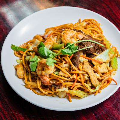 Shrimp and beef noodle stir-fry.
