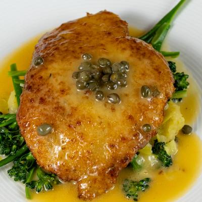 Chicken Milanese, with leeks, Yukon potatoes, and caper sauce.