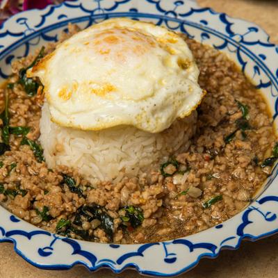 Thai basil minced pork on rice, topped with a fried egg.