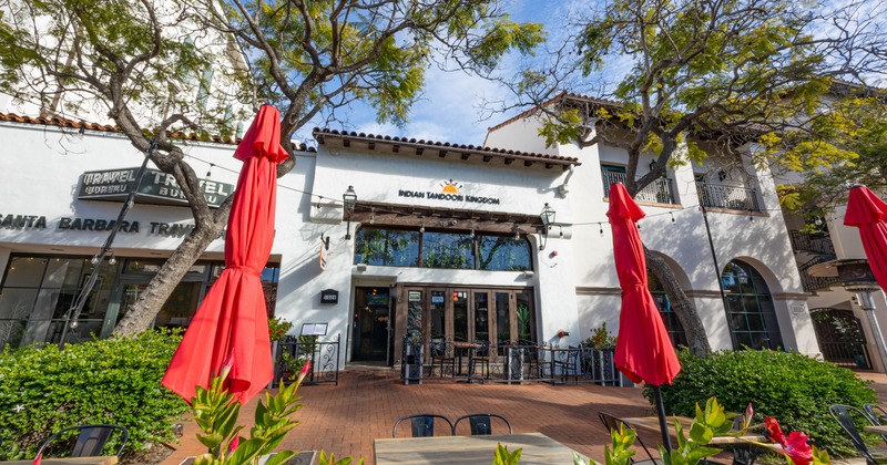 Outside, entrance, trees, seating area