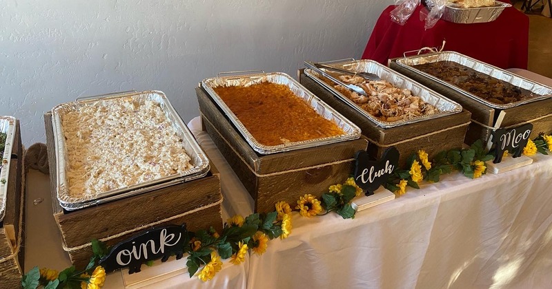 A rustic interior, buffet plates