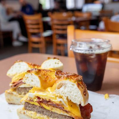 Holey Moley sandwich and coffee