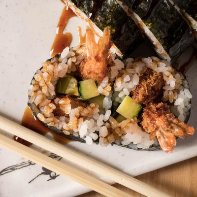 Shrimp Tempura Sushi Roll, close up.