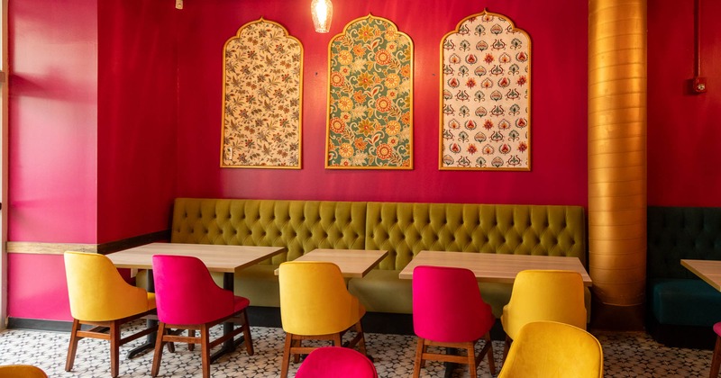 Interior, seating area with tables and chairs