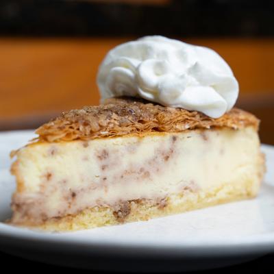 A slice of Baklava Cheesecake.