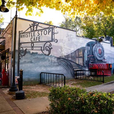 Exterior with a train mural.