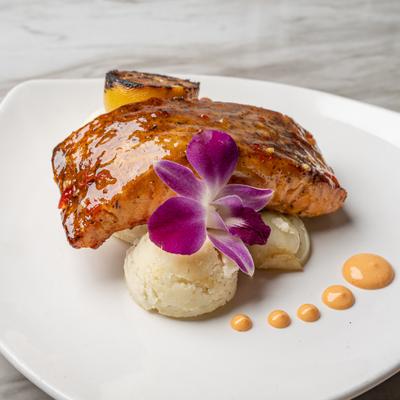 Grilled salmon with mashed potatoes.