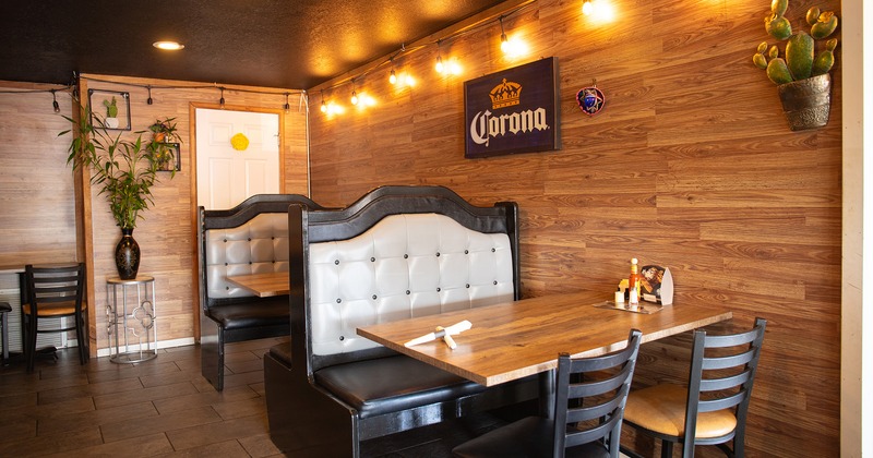 Restaurant interior, lined up dining booths