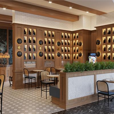 Interior with seating area and a wooden wine display wall.