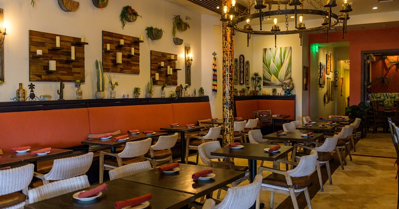 Restaurant interior, dining area with set tables