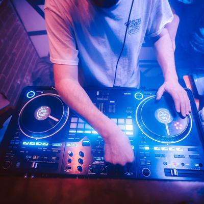 DJ playing music, topview.