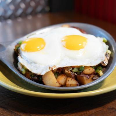 Veggie Skillet, with potatoes and fried eggs.
