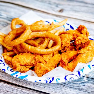 Fresh Chicken Fingers and onion rings.