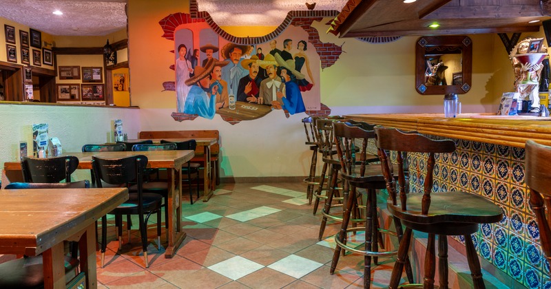 Interior, bar area with colorful tiles