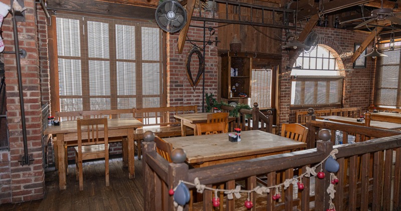 Interior, wooden tables and chairs