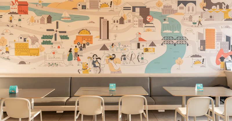 Interior, tables and chairs all lined up ready for guests