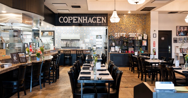 Interior, seating area with tables and chairs