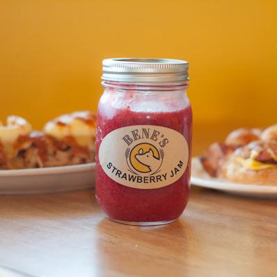 Bene's, strawberry jam jar.