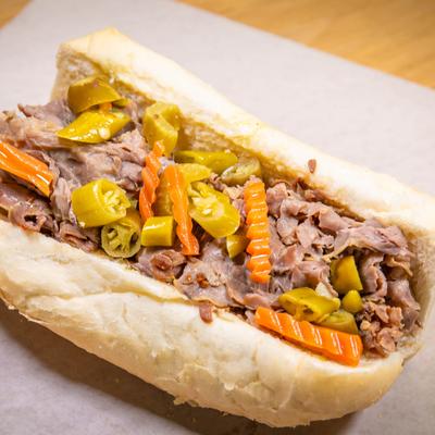 Italian beef sandwich with sweet and hot peppers.