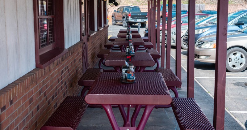 Exterior, covered patio with metal picnic tables