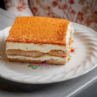 A slice of tiramisu cake.