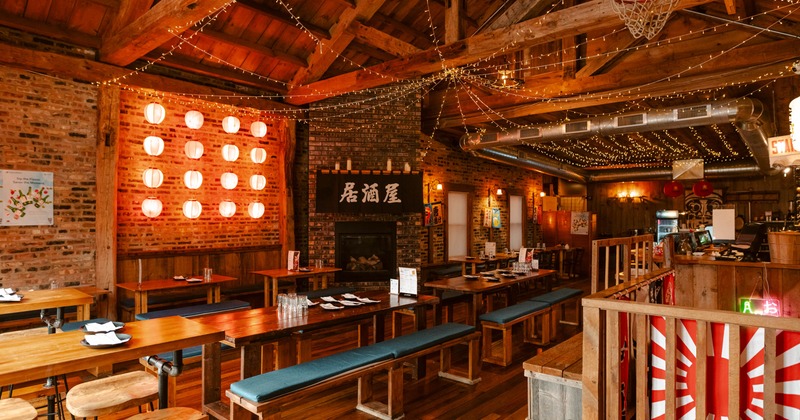 Interior, seating area with tables and benches