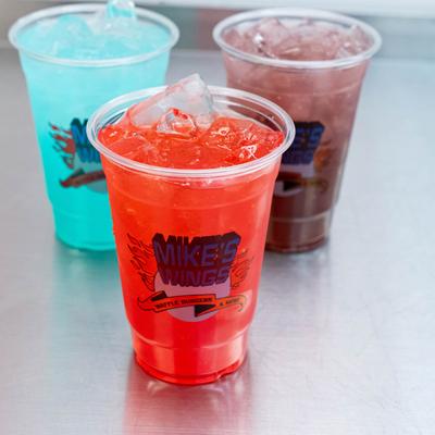 Three cups of colorful drinks, Fruit Punch, Blue Raspberry, and Koolaid Suncity.