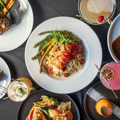 Various food and drinks, top view.
