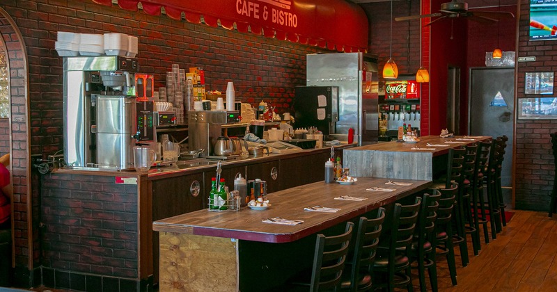 Interior space, dining tables, coffee counter