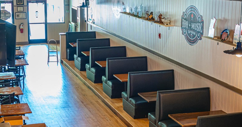 Interior, restaurant booths by the wall