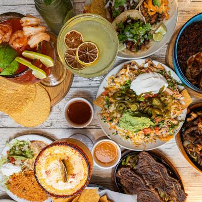 A fully served table, top view.