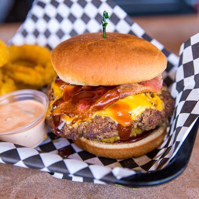 Western Bacon Cheeseburger with onion rings and ranch dip