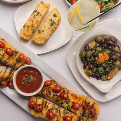 Multiple meal plates, overhead view