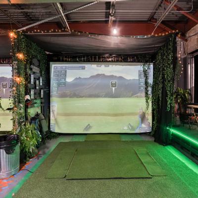 Golf simulator screen surrounded by greenery drapes.