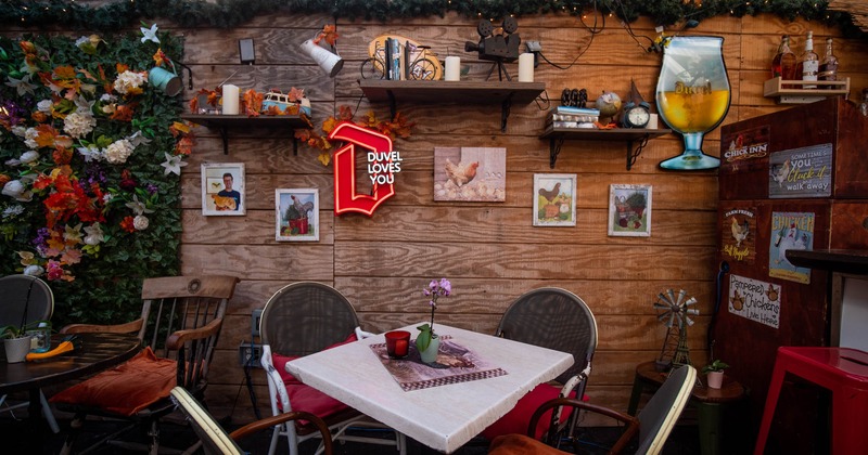 Seating space, lots of decorations on walls