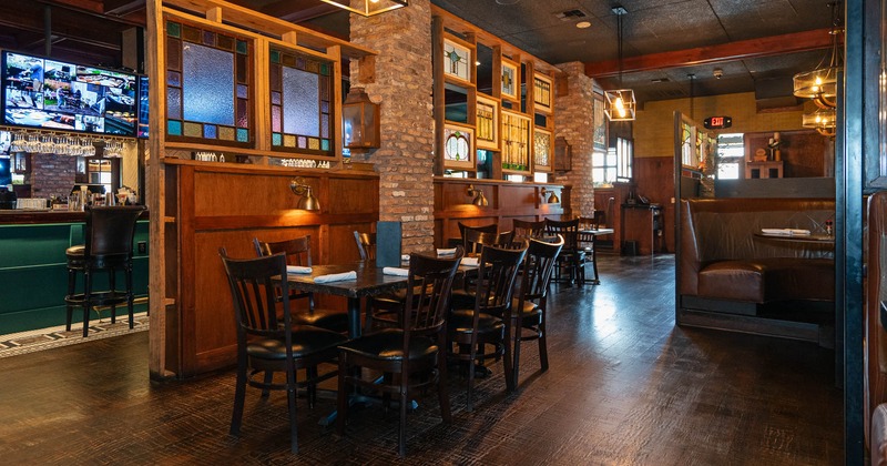Interior, tables and chairs in seating area