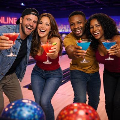 Four smiling friends cheer with colorful cocktail glasses at a bowling alley.