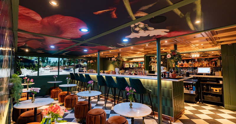 Interior, bar area, seating and tables