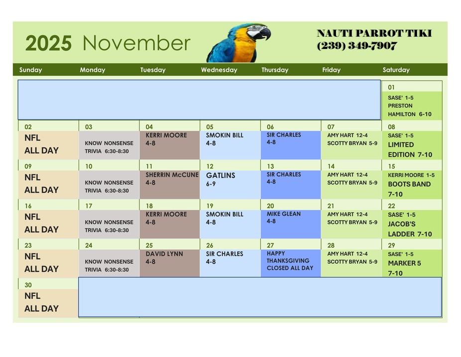 Tiki Hut Events Calendar 