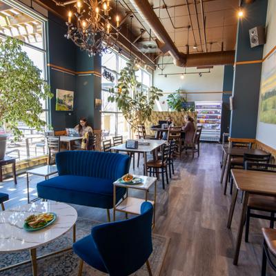 The interior, tables and chairs.