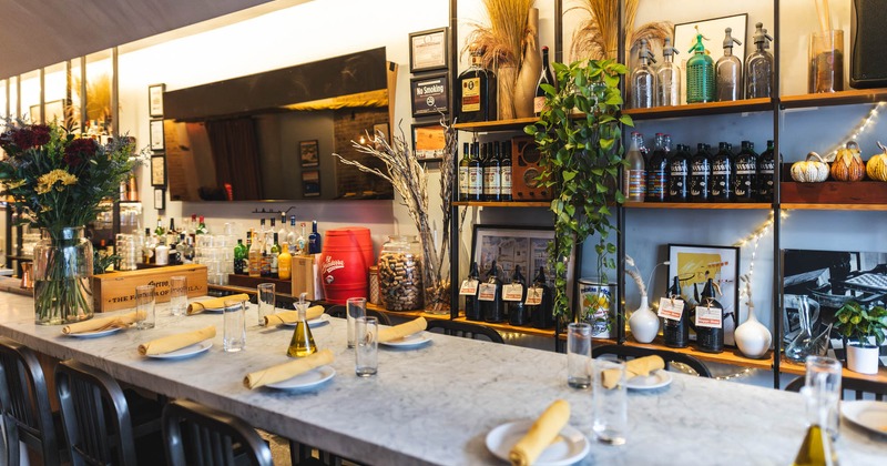 Large marble dining table, fully set