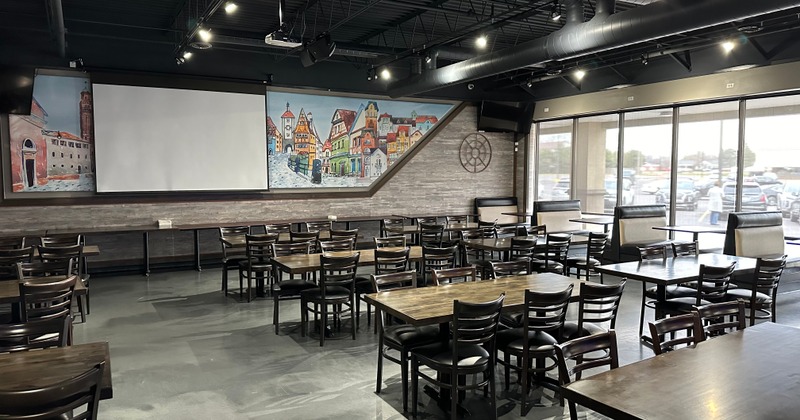 Diner area, tables and chairs, side angle