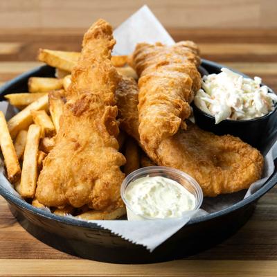 Fish and Chips, with coleslaw, and tartar sauce.