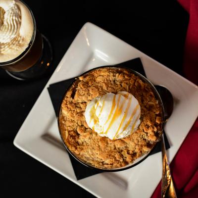 Apple Crisp and coffee, top view.