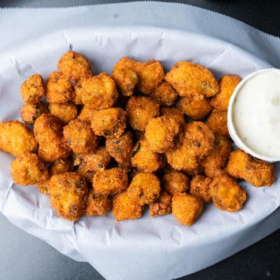 Fried okra with creamy dipping sauce.